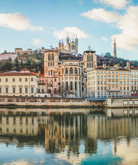 Lyon, France - January, 2020 : Cathedral Saint Jean and Basilica Notre-Dame de Fourviere, iconic symbols and main landmarks of Lyon, region Auvergne-Rhone-Alpes, Rhone, France