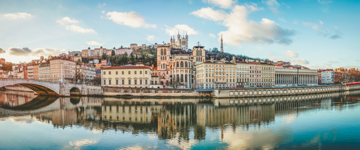 Lyon, France - January, 2020 : Cathedral Saint Jean and Basilica Notre-Dame de Fourviere, iconic symbols and main landmarks of Lyon, region Auvergne-Rhone-Alpes, Rhone, France